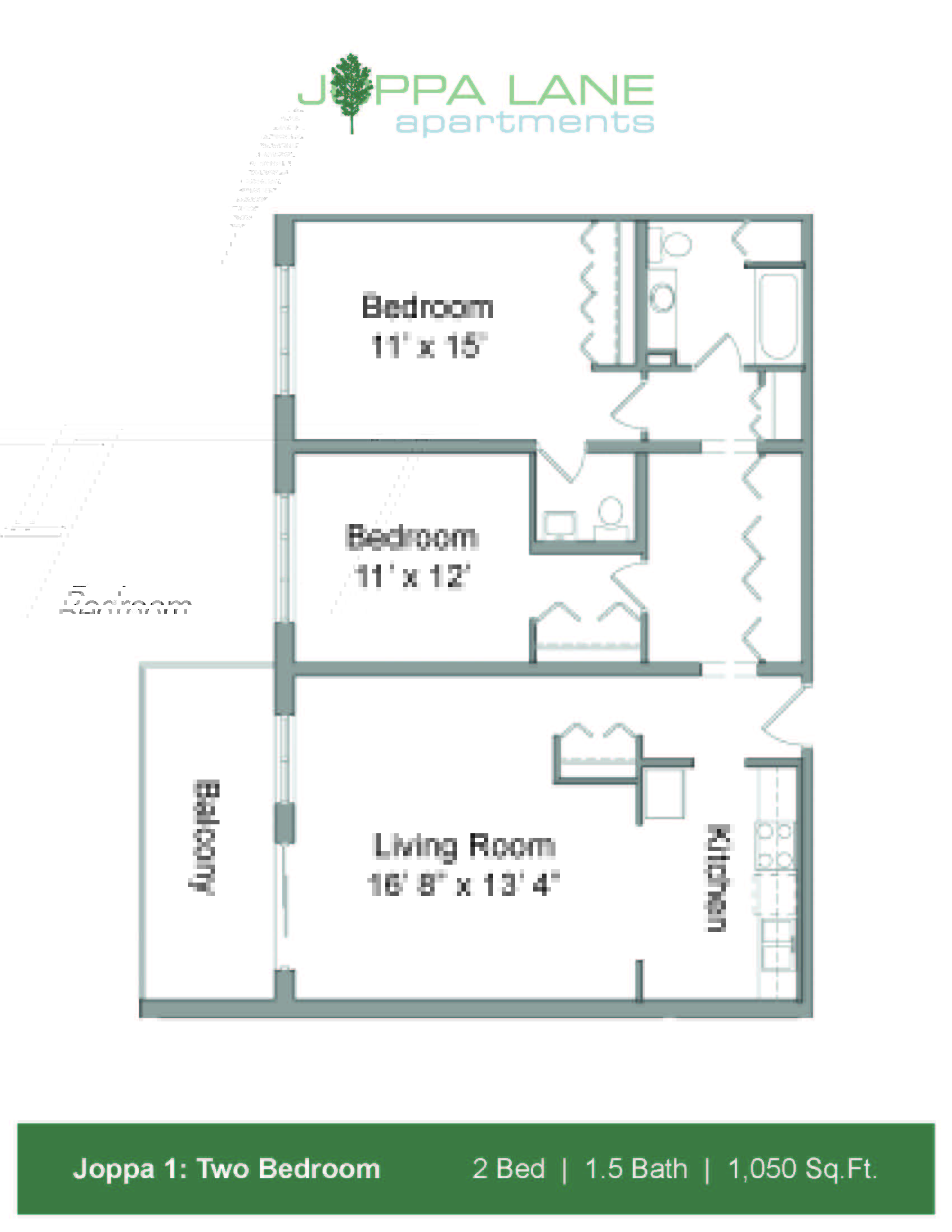A floor plan for a two bedroom apartment with a living room, kitchen, and balcony.