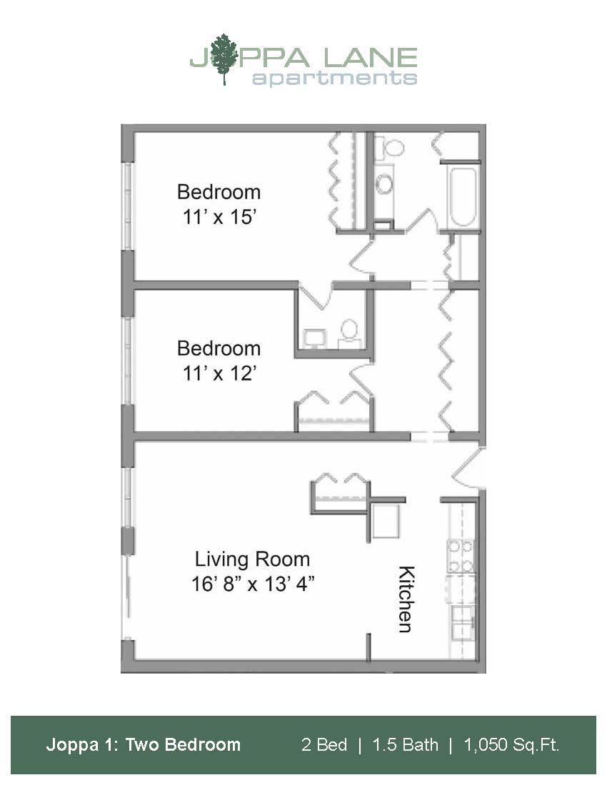 A floor plan for Joppa Lane Apartments shows a 2 Bedroom apartment with 1.5 Bathrooms and a total size of 1,050 square feet.