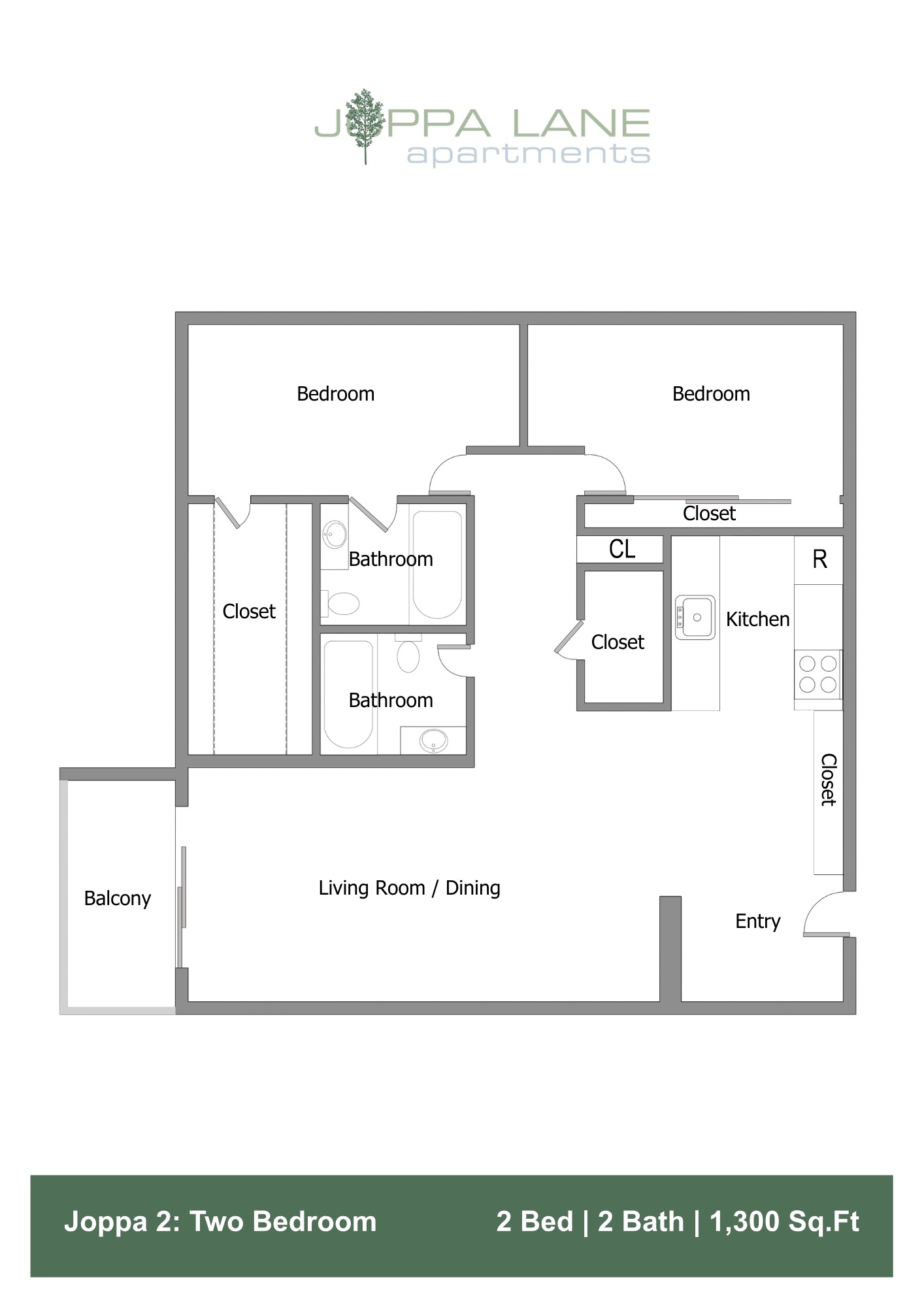 A floor plan for a 2 bedroom apartment with 2 bathrooms and a living room/dining area.