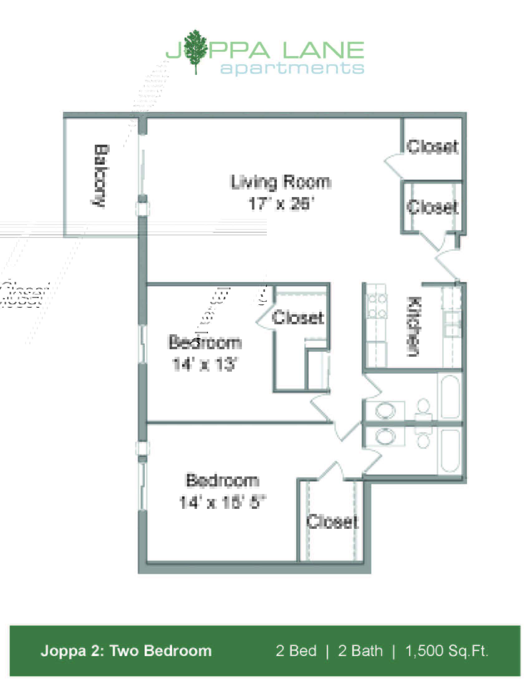 A floor plan for a two bedroom apartment with a living room, two bathrooms, and a balcony.