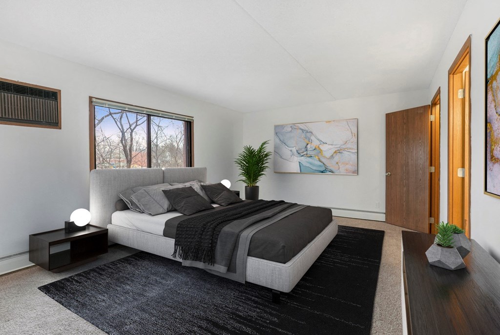 a bedroom with a bed and a rug