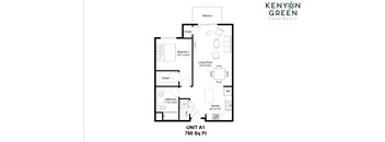 A floor plan for a 760 square foot unit at Kenyan Green Apartments.