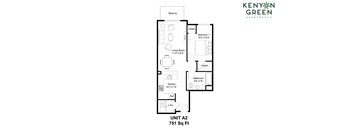 A floor plan for a 751 square foot apartment with a living room, bedroom, bathroom, kitchen, and laundry room.