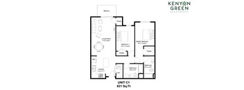 A floor plan for a 821 square foot unit by Kenyan Green Apartments.