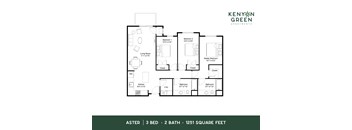 A floor plan for a 3 bedroom, 2 bathroom apartment with a total area of 1251 square feet.