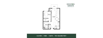 A floor plan for a one bedroom, one bathroom apartment of 760 square feet.