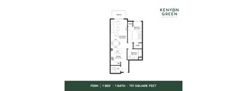 A floor plan for a one bedroom, one bathroom apartment of 751 square feet.