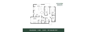 A floor plan for a 3 bedroom, 2 bathroom apartment of 1301 square feet.