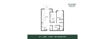A floor plan for a 2 bedroom, 2 bathroom apartment of 821 square feet.