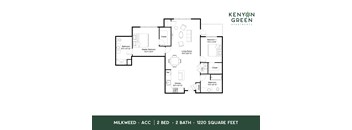 A floor plan for a 2 bedroom, 2 bathroom apartment of 1220 square feet.