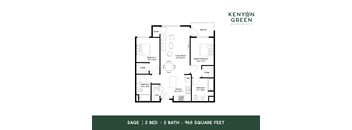 A floor plan for a two bedroom, two bathroom apartment of 965 square feet.