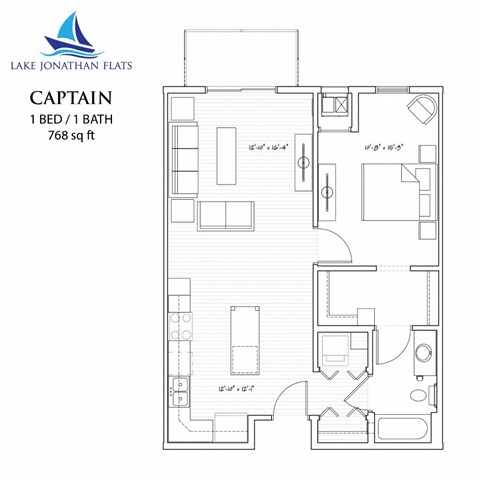 1 Bedroom 1 Bathroom Floor Plan at Lake Jonathan Flats, Chaska, 55318