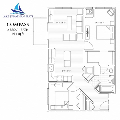 Compass 2 Bedroom 2 Bathroom Floor Plan at Lake Jonathan Flats, Chaska, MN, 55318