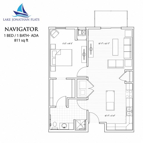 Navigator 1 Bed 1 Bath Floor Plan at Lake Jonathan Flats, Chaska