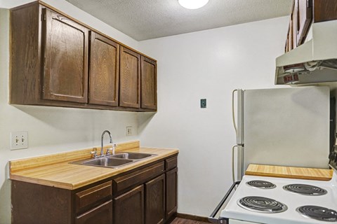 a kitchen with a stove sink and refrigerator