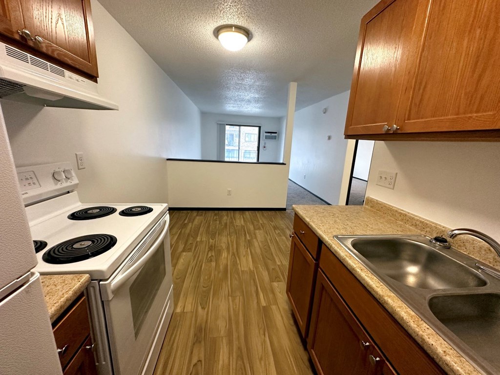 the view of a kitchen with a stove and a sink in an empty apartment