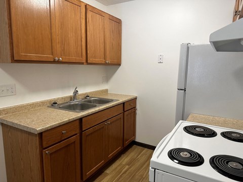a kitchen with a stove sink and refrigerator