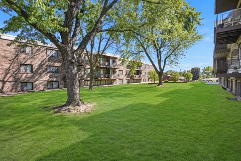 a green lawn with trees in front of a building