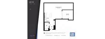 A floor plan for a Lee 101 apartment showing a bedroom, living/dining room, kitchen, and bath.