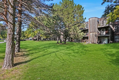 a green lawn in front of a building with trees