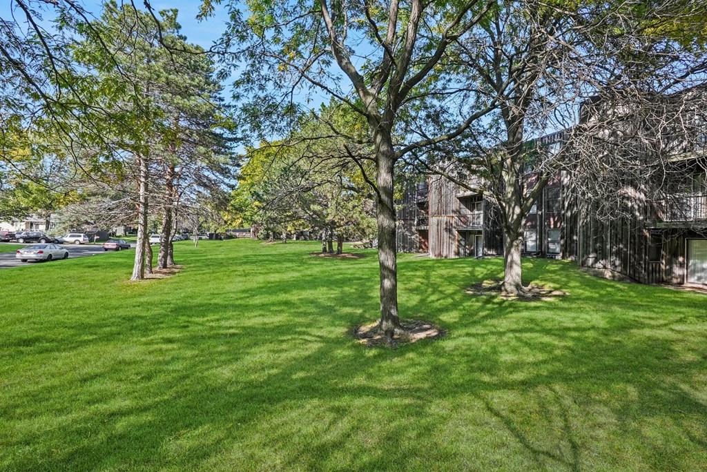 a green park with trees and a building in the background