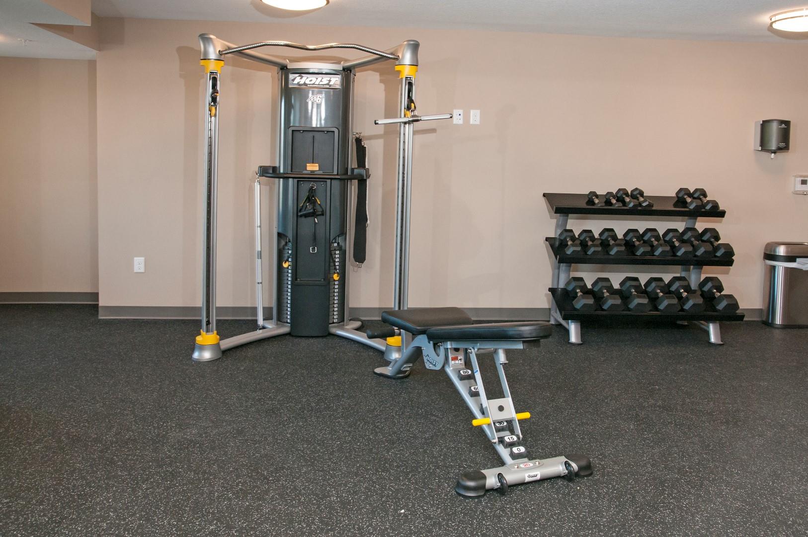 Workout Bench and Free Weights in Fitness Studio at Carver Crossing Apartments