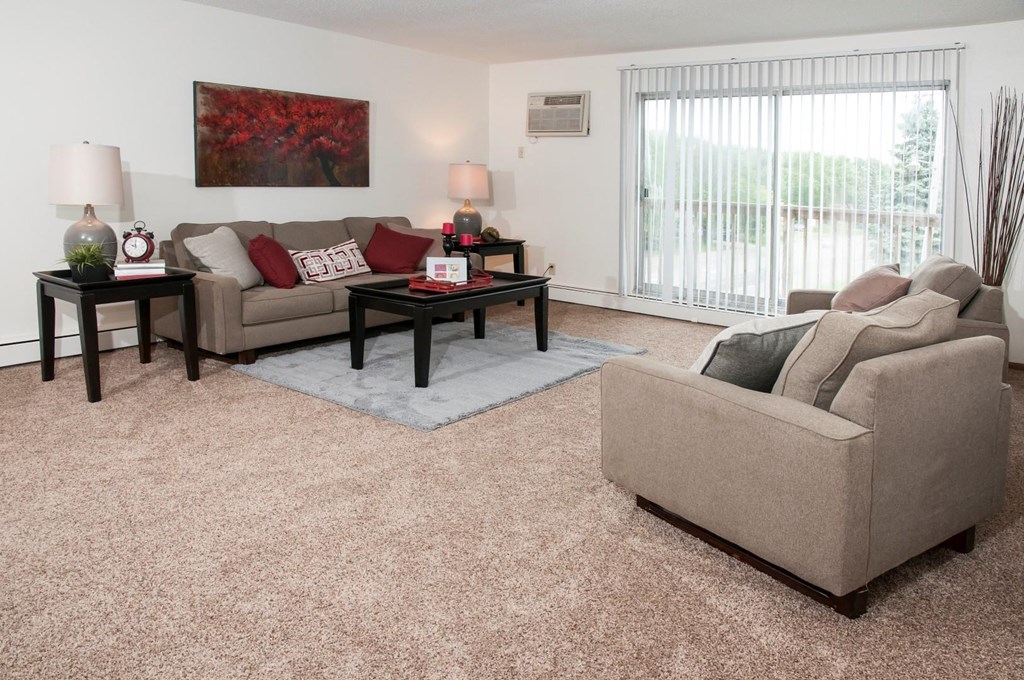 a living room with couches and chairs and a rug