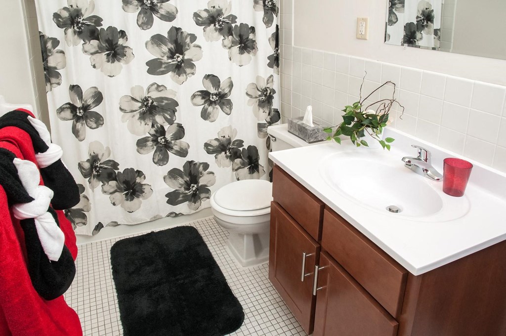 a bathroom with a sink and a toilet and a shower curtain