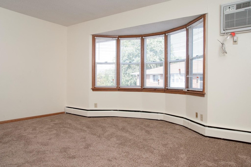 living room with carpeting and large bay window