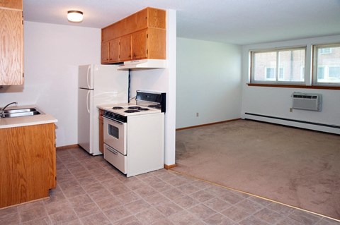 an empty kitchen with a stove refrigerator and sink