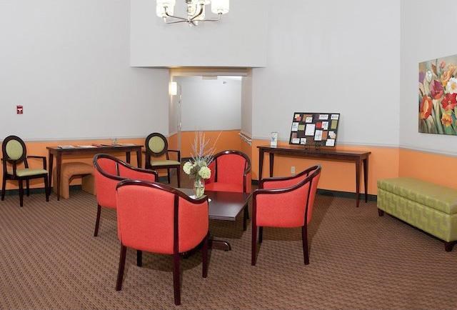 Lobby with bright colored furniture