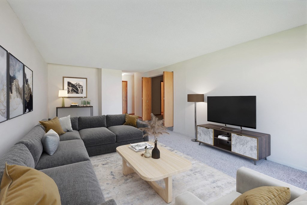 a living room with a gray couch and a television