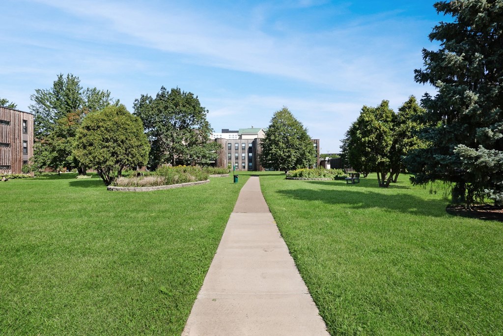 a sidewalk running through a park on a college campus