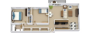 A floor plan of a small apartment with a kitchen, living room, and bathroom.