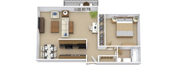 A top-down view of a small apartment layout with a kitchen, living room, and bedroom.