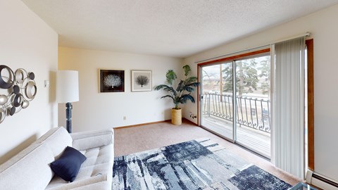 A living room with a grey couch and a blue patterned rug.