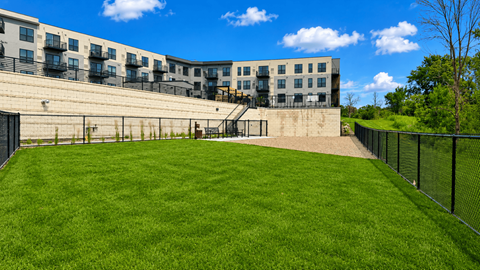 A grassy area in front of apartment buildings.