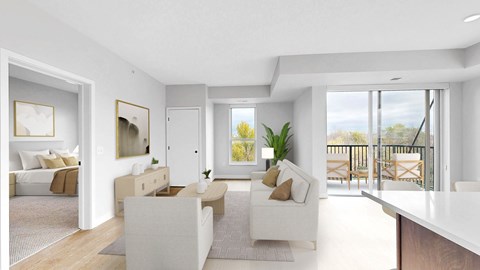 A modern living room with a white sofa set and a wooden floor.