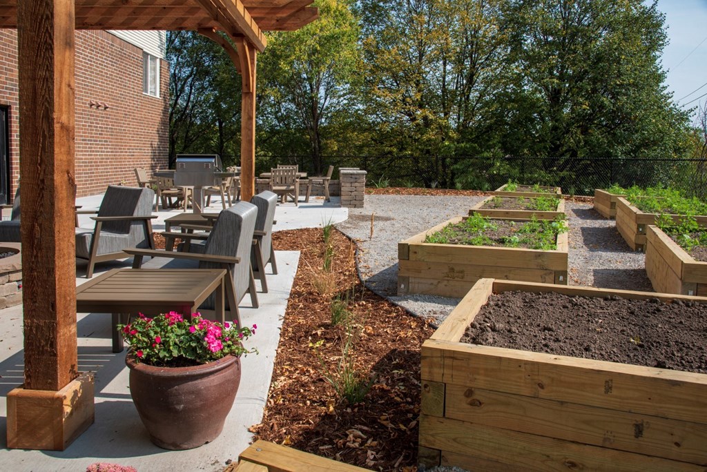 Patio with raised gardens