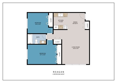 A floor plan of a two bedroom apartment at Regan.