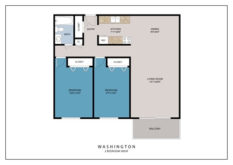 A floor plan of a Washington 2 Bedroom 905SF apartment.