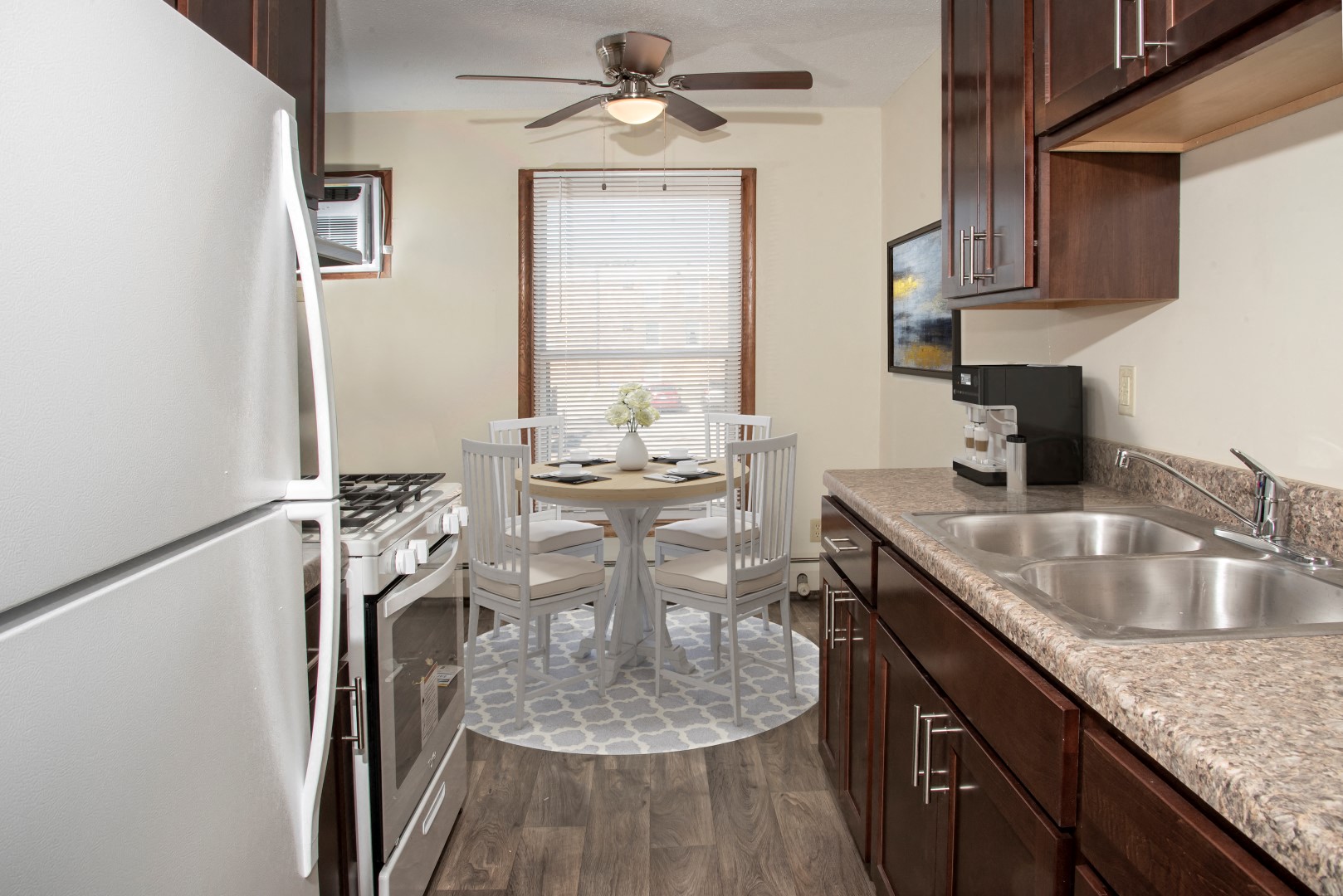 a kitchen and dining area