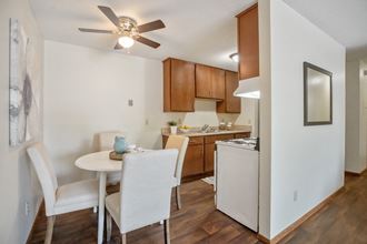 a kitchen and dining area