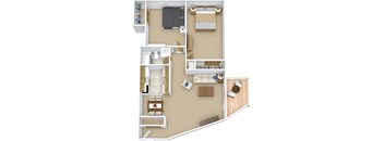A floor plan of a house with a living room, kitchen, and two bedrooms.