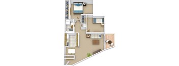 A floor plan of a house with a bedroom, living room, kitchen, and bathroom.