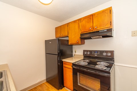 A kitchen with a black refrigerator, stove, and wooden cabinets.