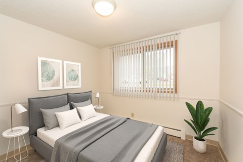 A bedroom with a bed, a plant, and two pictures on the wall.