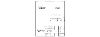 A floor plan of a small apartment with a living room, bedroom, dining room, and kitchen.