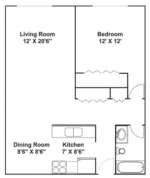 A floor plan of a small apartment with a living room, bedroom, dining room, and kitchen.