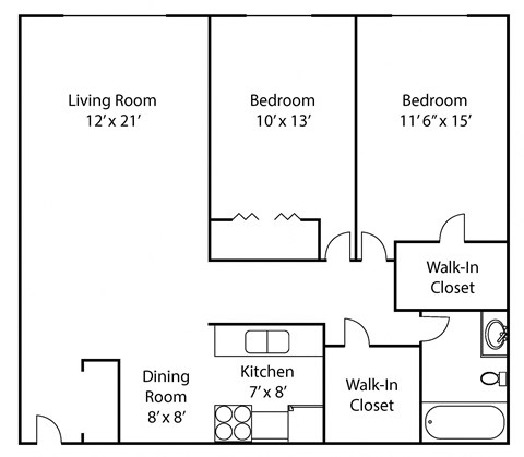 A floor plan of a home with a living room, two bedrooms, a dining room, a kitchen, and two walk-in closets.